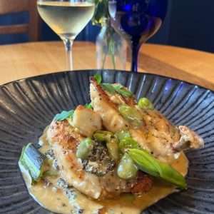EDINBURGH La Garique Corn Fed Chicken Suprême, Confit Bonbon, Panisse Croquette and a Creamed Morel Mushroom Sauce