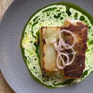 GLASGOW Cafe Gandolfi Cullen Skink” cod, potato terrine, Arbroath smokies cream, chive oil