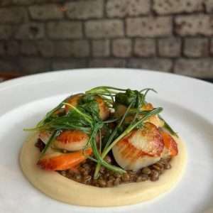 GLASGOW Crabshak botanics Special Scallops from Uist, Pancetta Braised Lentils, Celeriac Purée, Wild Garlic Salsa Verde