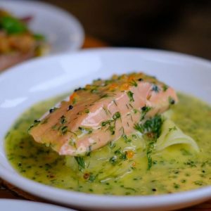 GLASGOW-Ox-and-Finch-Poached-sea-trout-braised-leeks-and-trout-roe-beurre-blanc